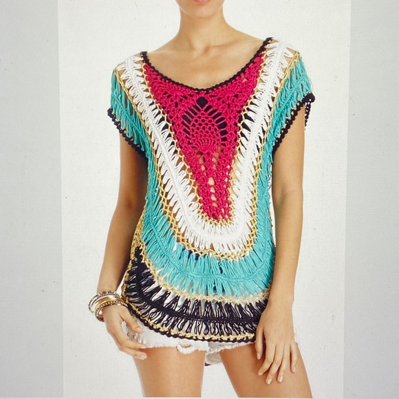 QUESTIONS BY SAY WHAT? Metallic Rainbow Crochet Boho Festival Top M - Picture 16 of 16